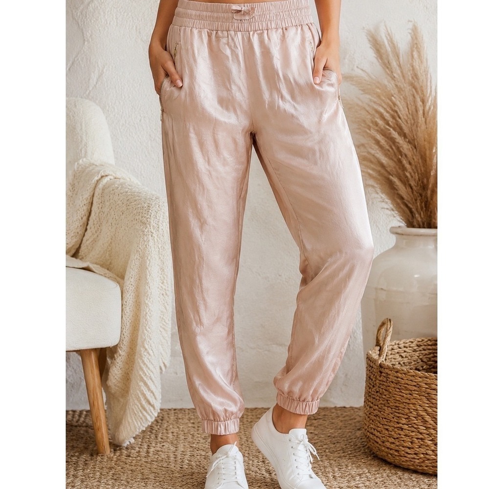 Ark & Co Champagne Satin Jogger Pants Minimalist Quiet Luxury NWT Large